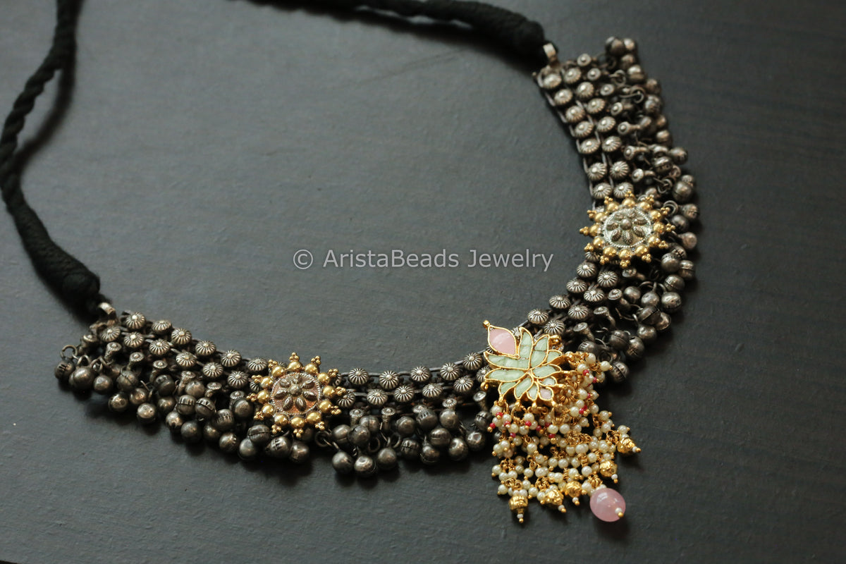 Mint Pachi Kundan Oxidized Necklace