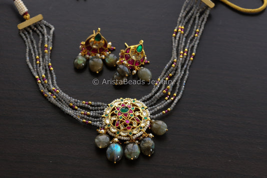Real Labradorite Jadau Pachi Necklace Set