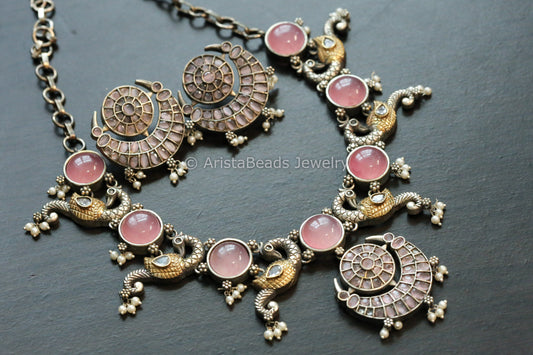 Dual Tone Peacock Monalisa Stones Necklace -Blush Pink