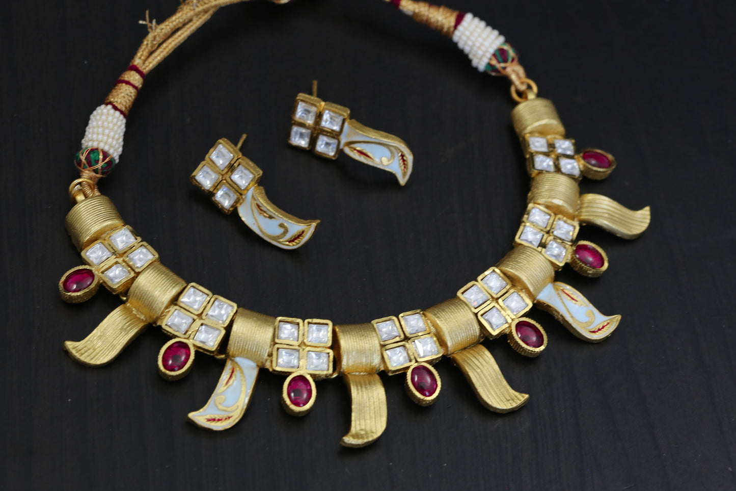 Kundan Polki Enamel Claw Necklace Set - Sky Blue