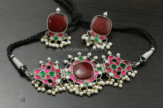 Silver Finish Jadau Choker Set - Red