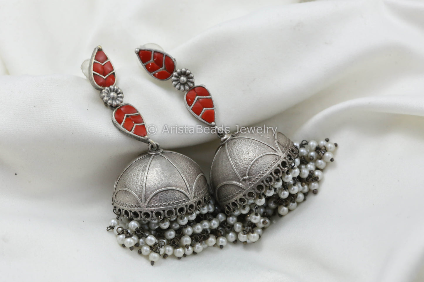 Long Jadau Kundan Silver Fusion Jhumka - Coral