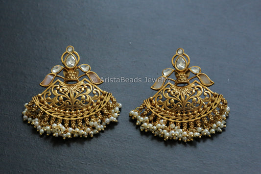 Antique Gold Filigree Chandbaali - Pink Pearl