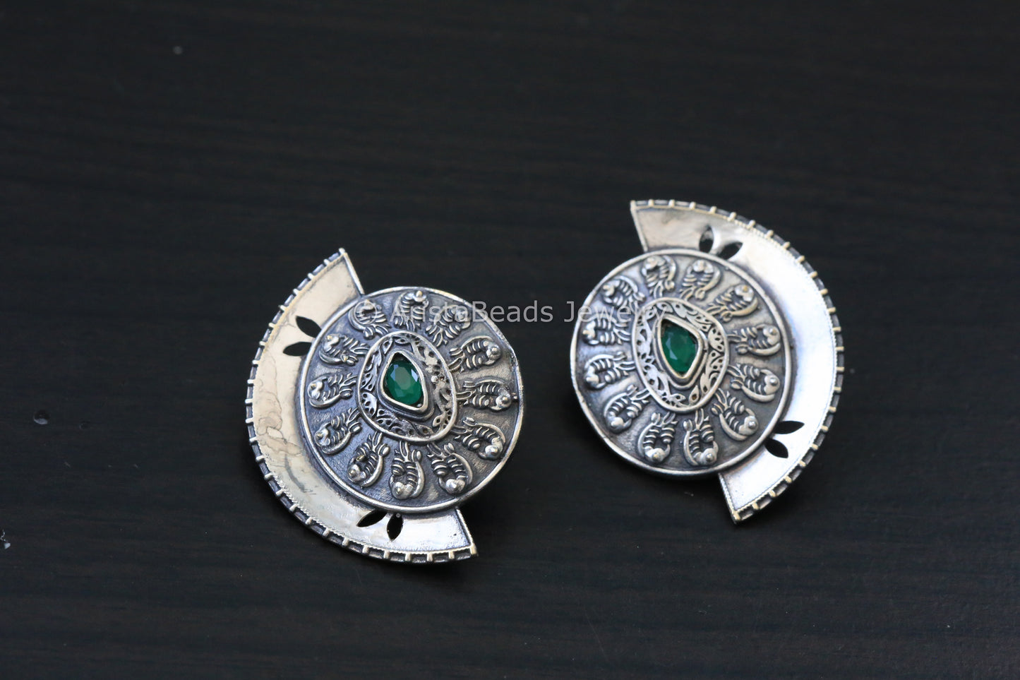 Silver Finish Half Moon Studs - Green