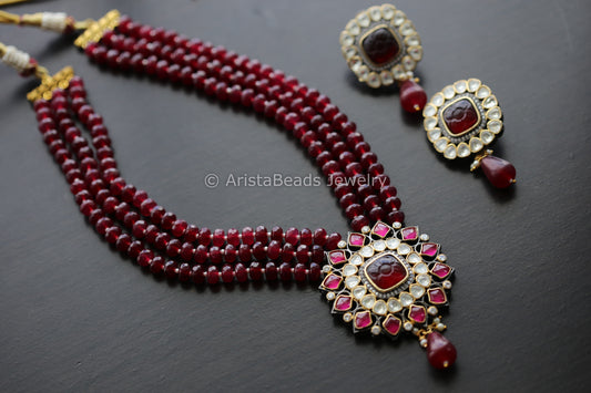 Foil Kundan Polki Carved Stone Necklace Set - Red
