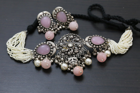 Silver Look Alike Kundan Peacock Necklace - Pink