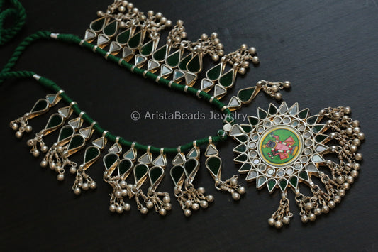 Darpan Oxidized Real Glass Long Necklace- Green Clear