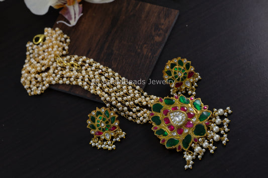 Lotus Jadau Necklace Set - Green