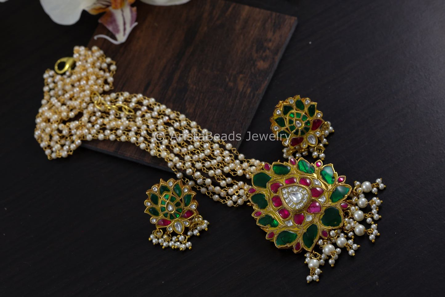 Lotus Jadau Necklace Set - Green
