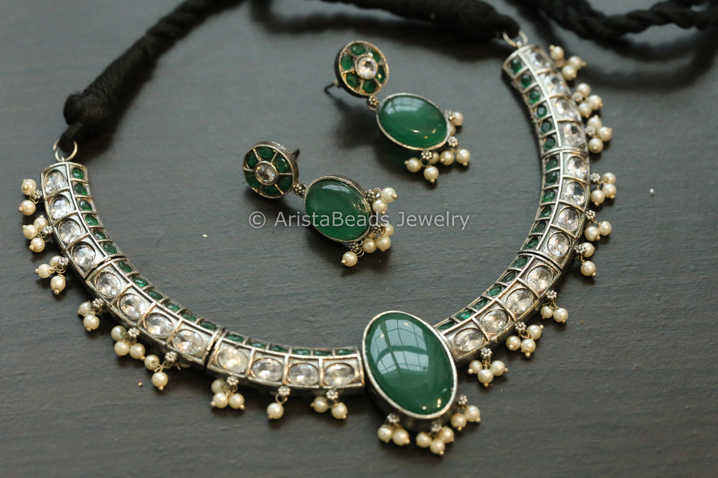Oxidized Hasli Necklace Set - Clear & Green