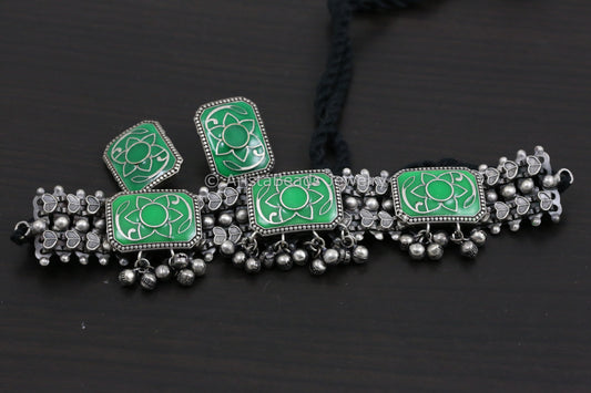 Green Enamel Choker & Stud Set