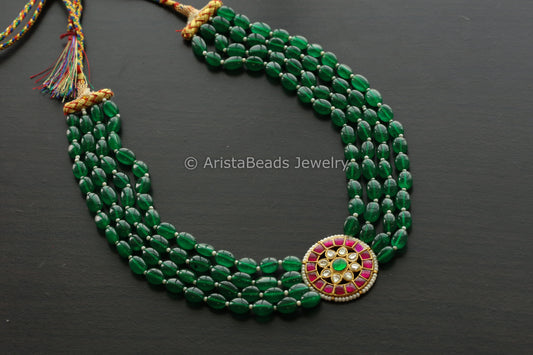 Jadau Kundan Green Jade 4 Line Necklace