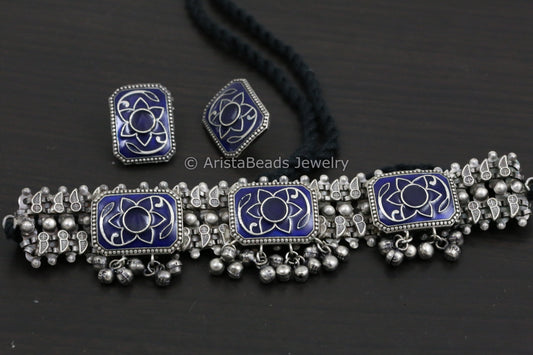 Dark Blue Enamel Choker & Stud Set