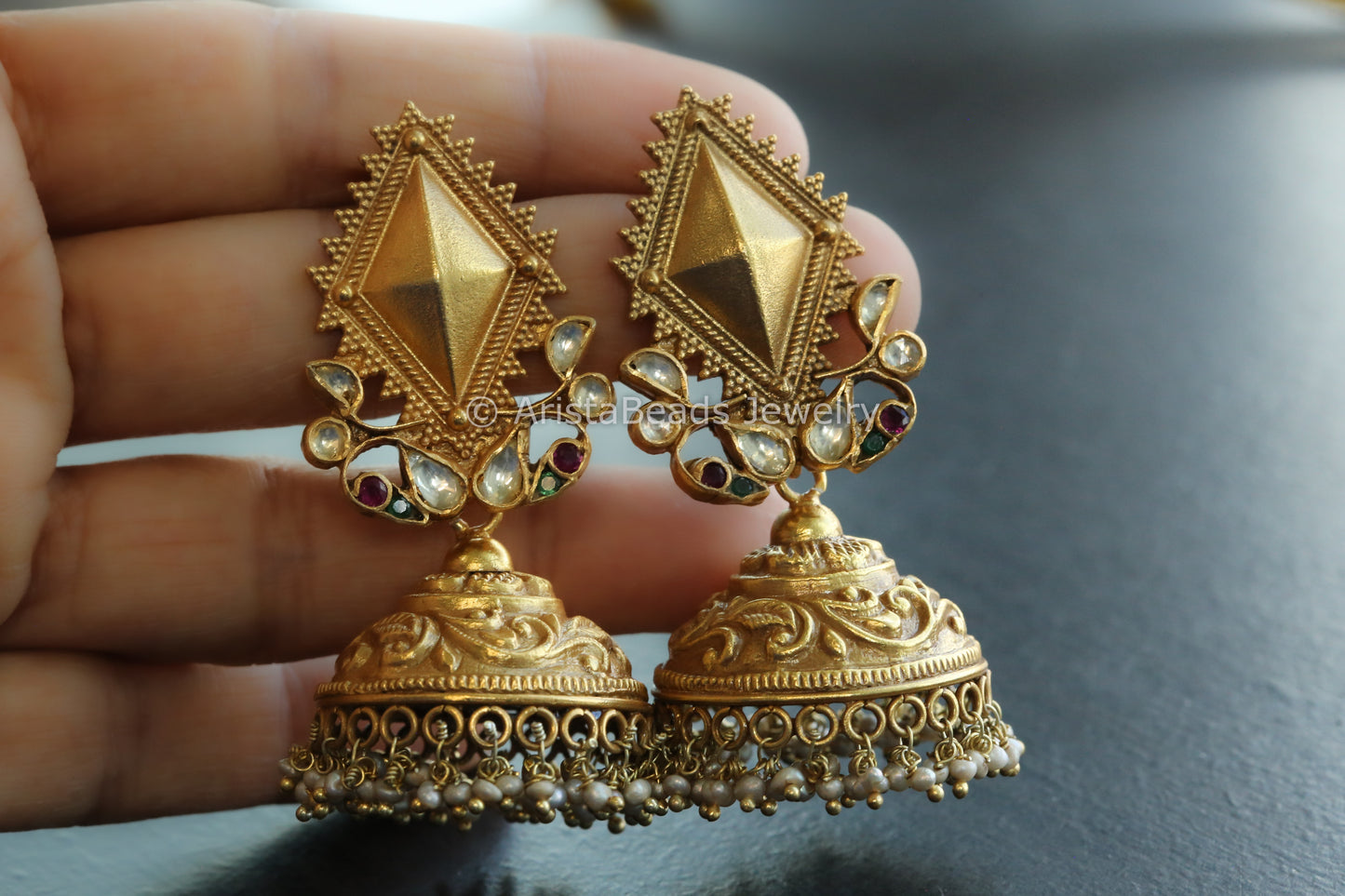 925 Sterling Silver Nakshi Kundan Jhumka With Real Pearls