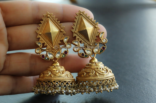 925 Sterling Silver Nakshi Kundan Jhumka With Real Pearls