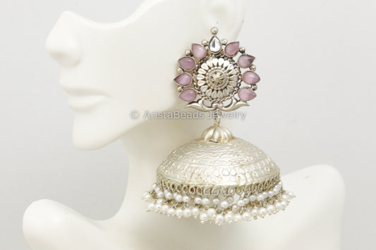 Extra Large 925 Silver Polish Kundan Jhumka - Pink