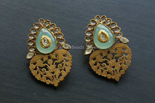 925 Sterling Silver Fluorite, Kundan & Polki Filigree Earrings