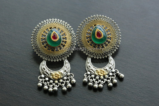 925 Sterling Silver Dual Tone Jadau Earrings - Green Onyx