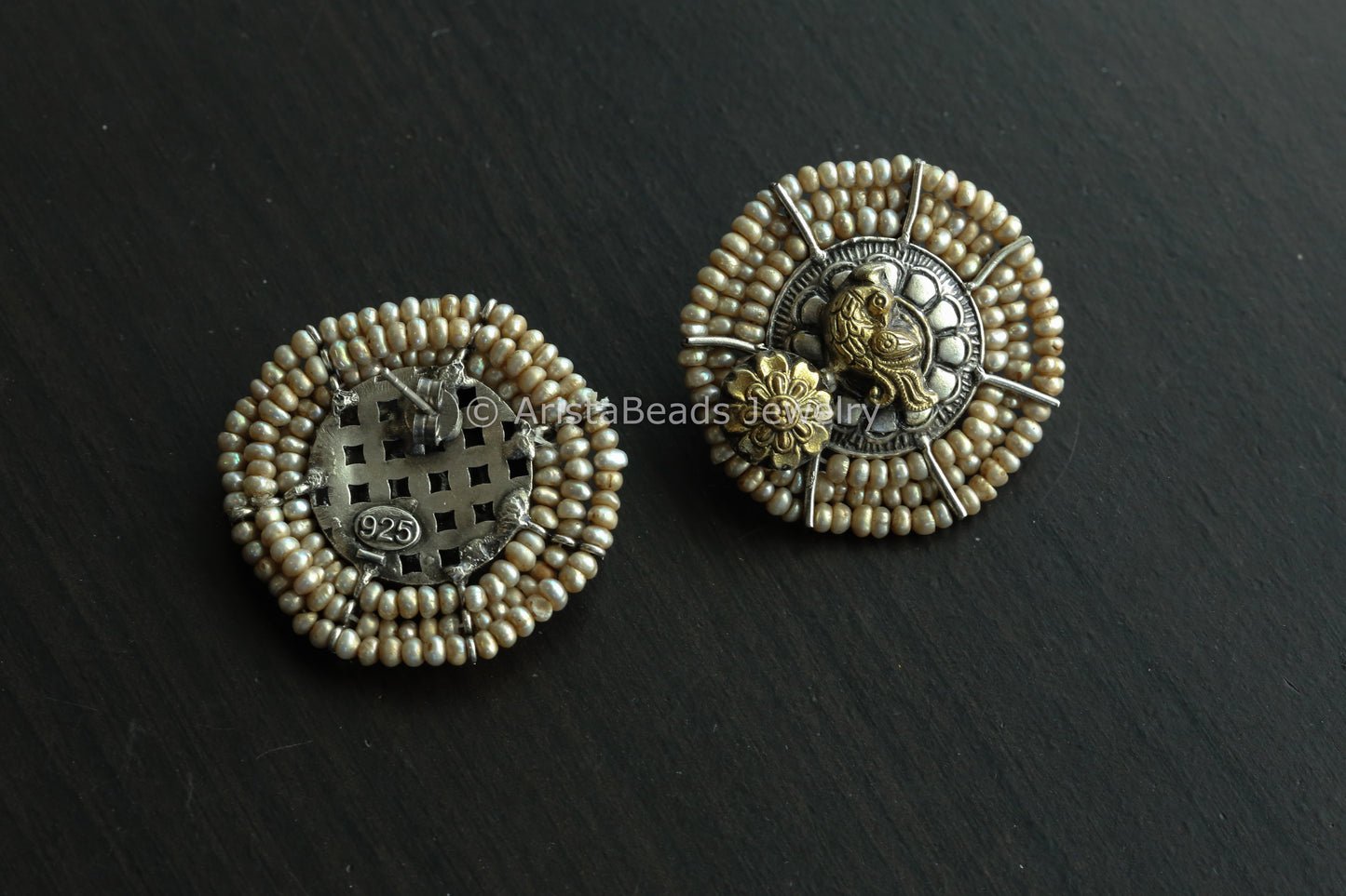 Large Fresh Water Pearls Dual Tone Sterling Silver Studs