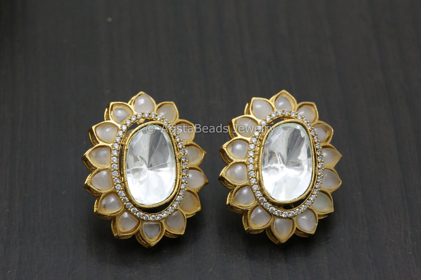 Large Uncut Polki Studs -Peach