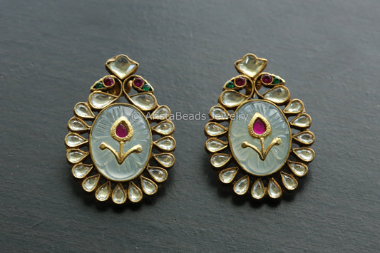 925 Sterling Silver Gold Jadau Kundan Fluorite  Earrings