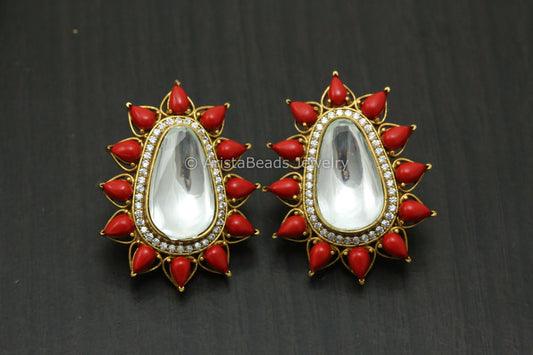 Big Uncut Kundan Polki Studs - Coral