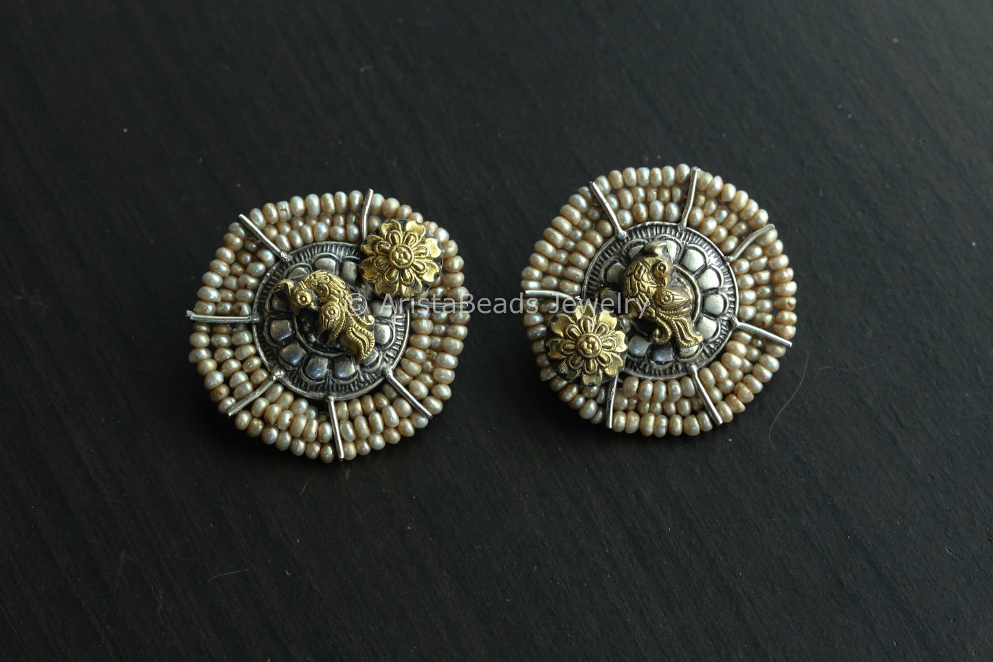 Large Fresh Water Pearls Dual Tone Sterling Silver Studs