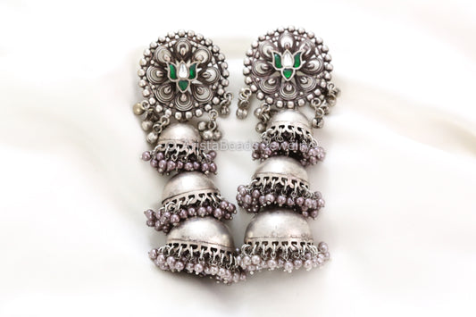 3 Tier 925 Silver Polish Lotus Kundan Jhumka