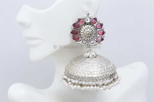 Extra Large 925 Silver Polish Kundan Jhumka - Wine