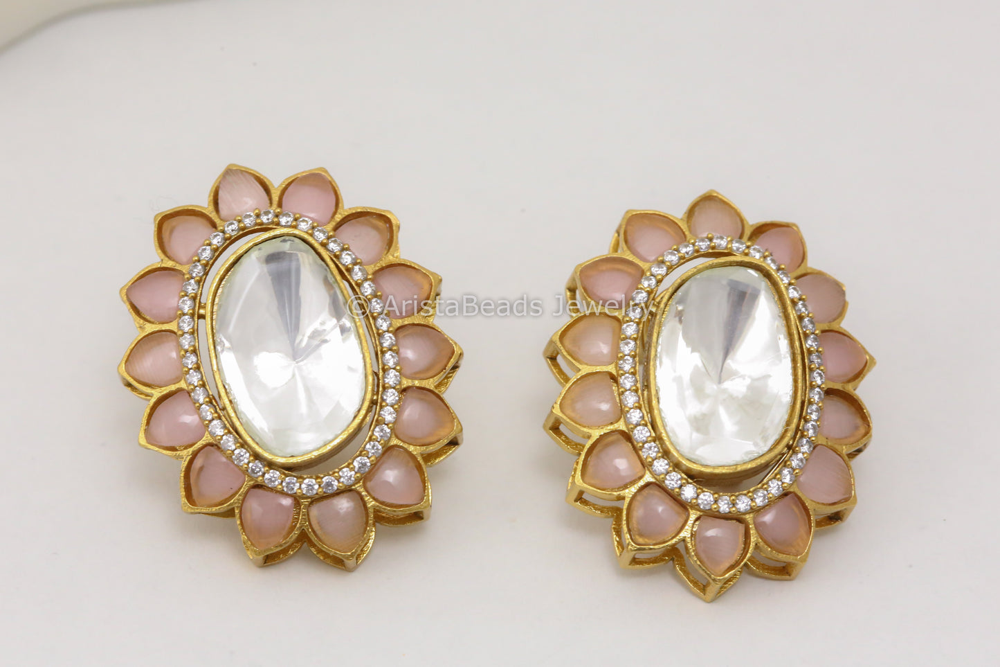 Large Uncut Polki Studs -Pink