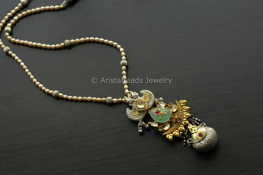 925 Sterling Silver Designer Dual Tone Necklace ( Real Pearls)