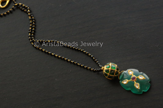 Black Bead Chain with Green Jadau Bead and Jadau Drop