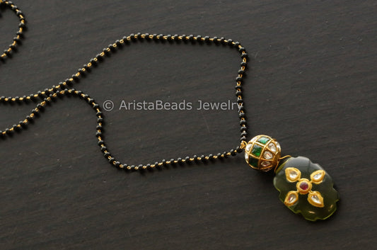 Black Bead Chain With Green & Clear Jadau Bead and Jadau Drop