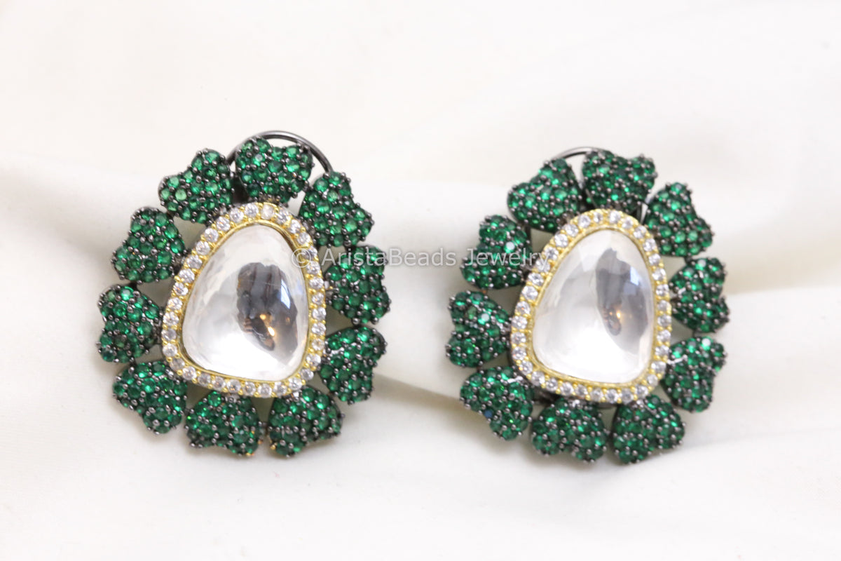 Micro CZ Victorian Dual Tone Studs - Emerald