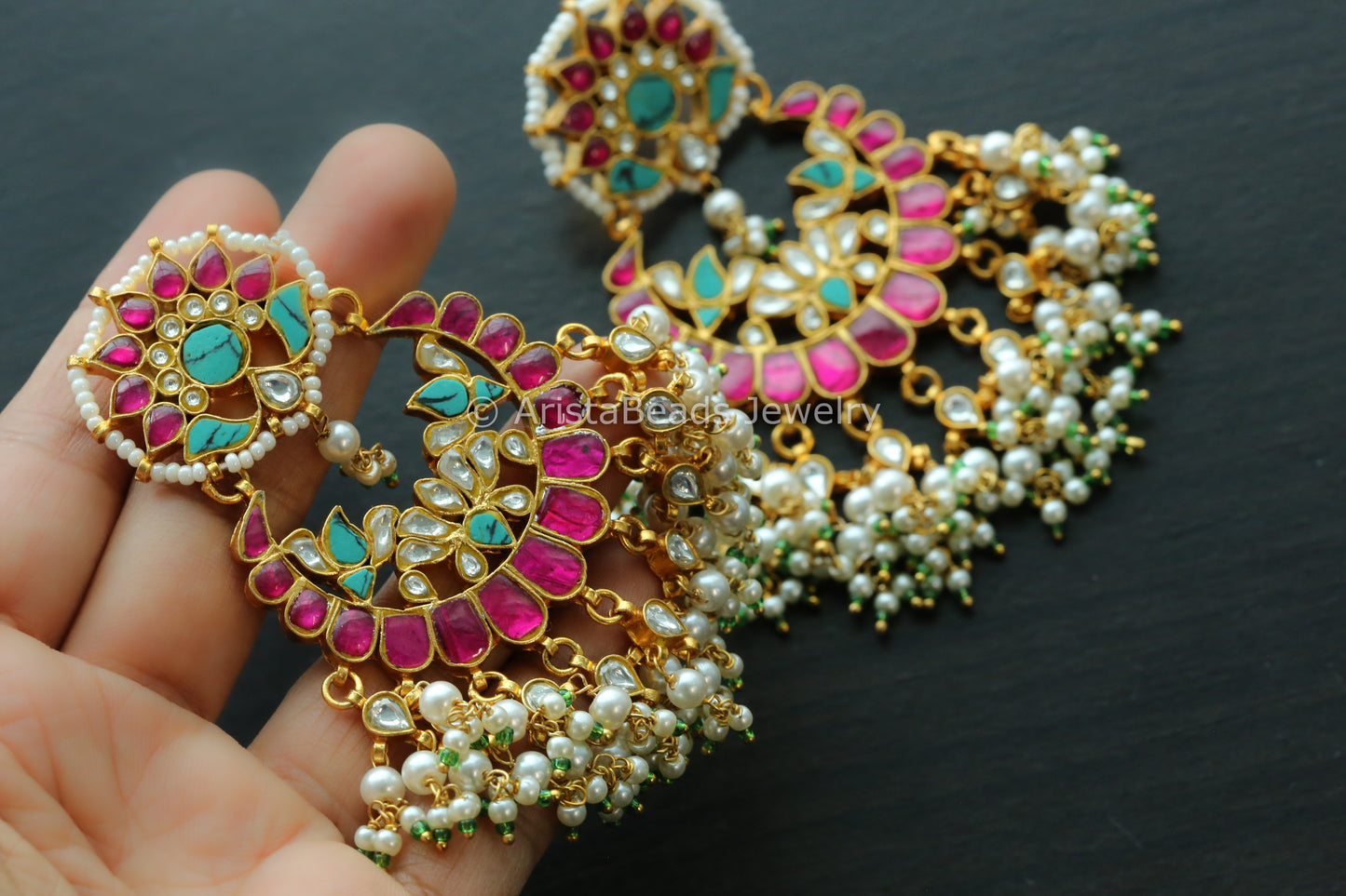 Large Jadau Ruby Turquoise Kundan Chandbaali