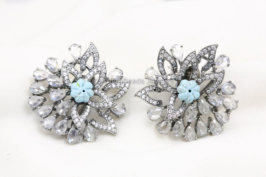 Large CZ Polki Victorian Studs - Turquoise