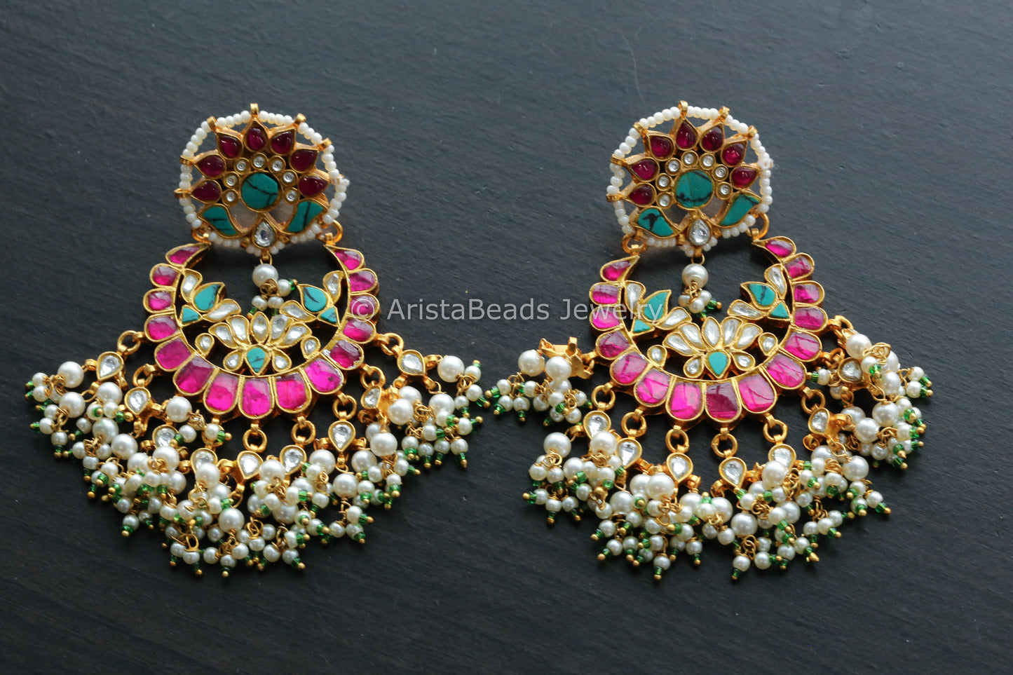 Large Jadau Ruby Turquoise Kundan Chandbaali