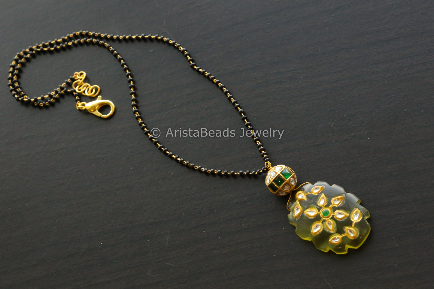 Jadau Ball Black Chain With Lemon Jadau Stone Drop