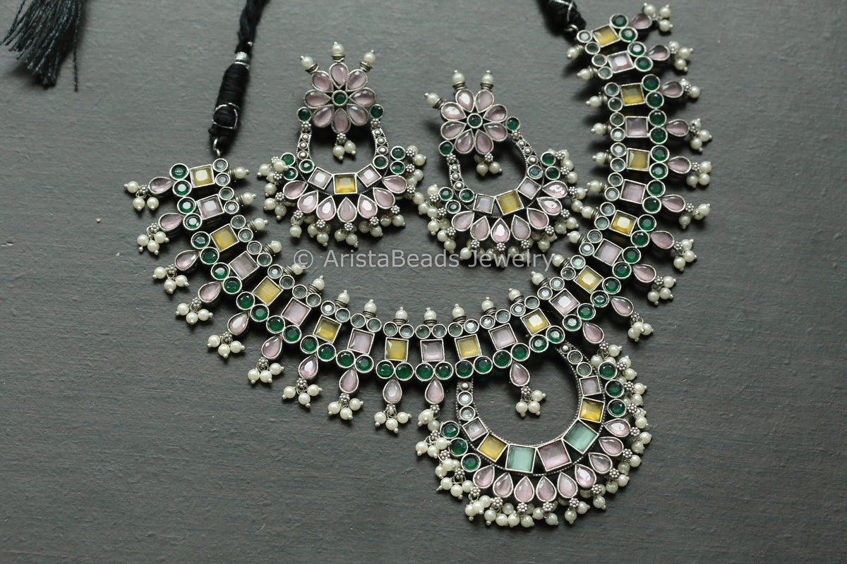 Pastel CZ Oxidized Chandbaali Necklace Set