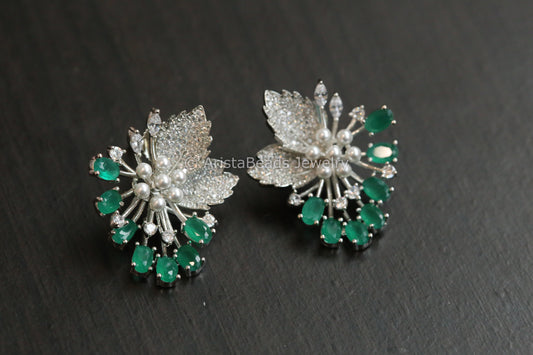 Contemporary CZ & Pearls Earrings - Emerald