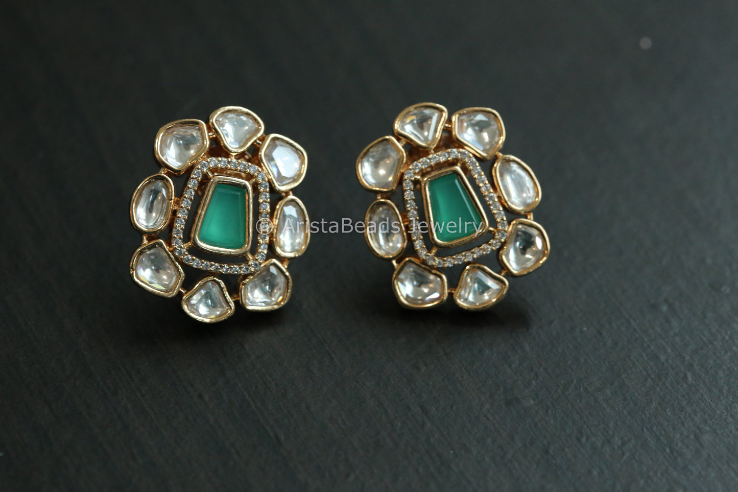 Premium Micro CZ & Polki  Studs - Green