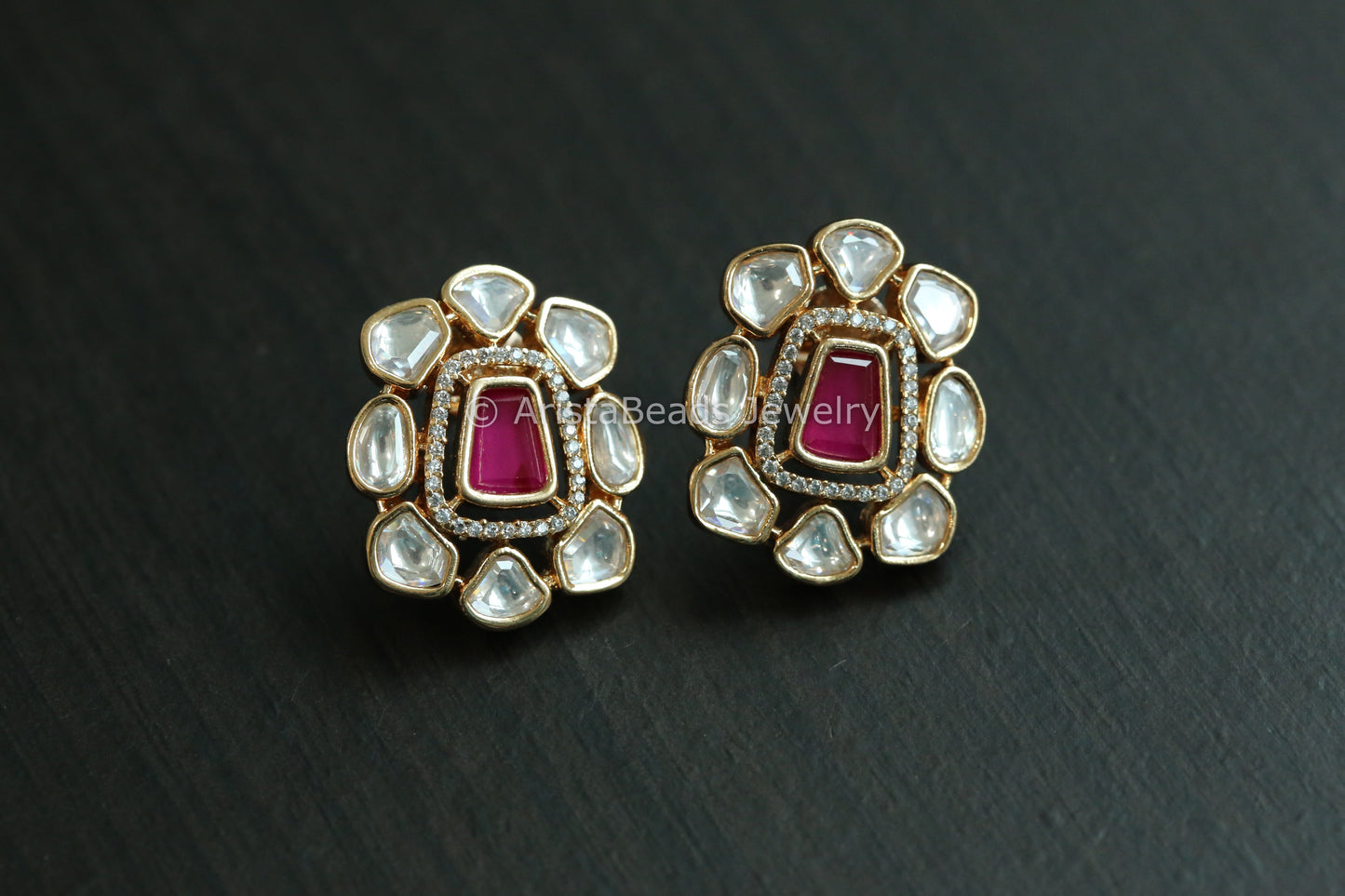 Premium Micro CZ & Polki  Studs - Ruby