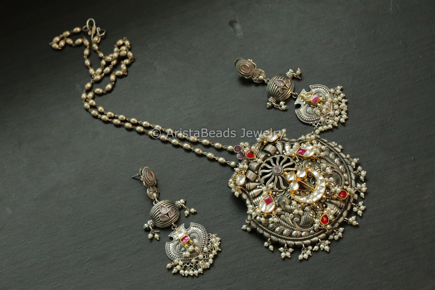 Brass Based Dual Tone Pachi Kundan Necklace Set - Ruby
