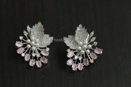 Contemporary CZ & Pearls Earrings - Pink