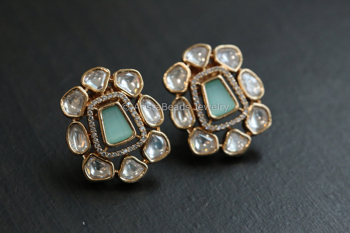 Premium Micro CZ & Kundan Polki  Studs - Mint