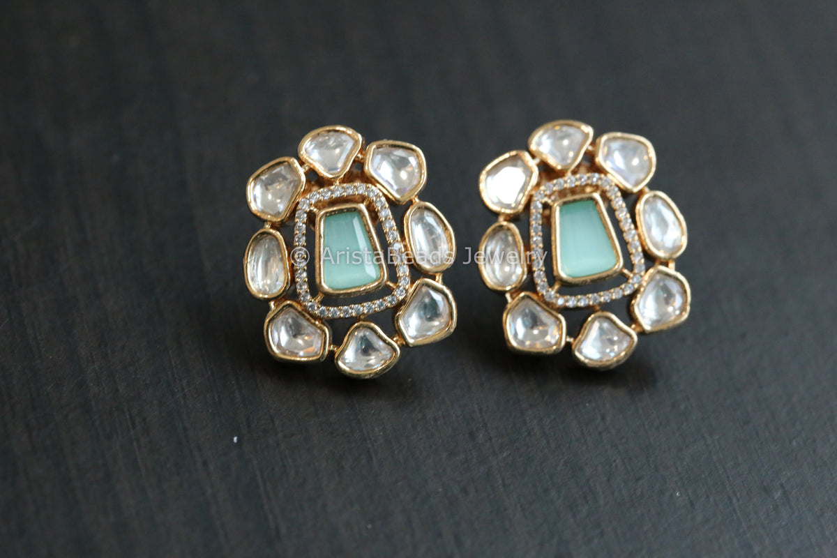 Premium Micro CZ & Kundan Polki  Studs - Mint