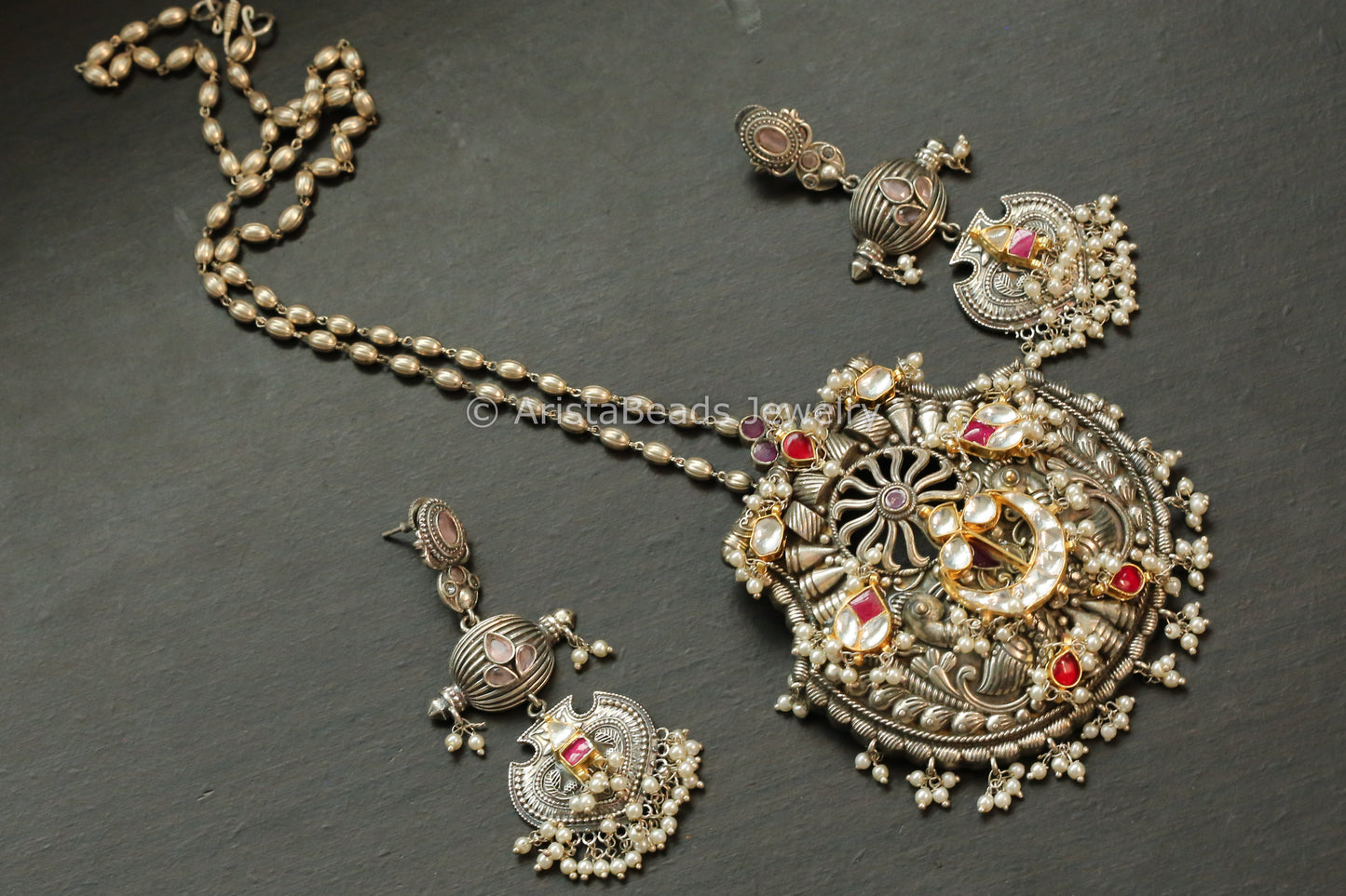 Brass Based Dual Tone Pachi Kundan Necklace Set - Ruby