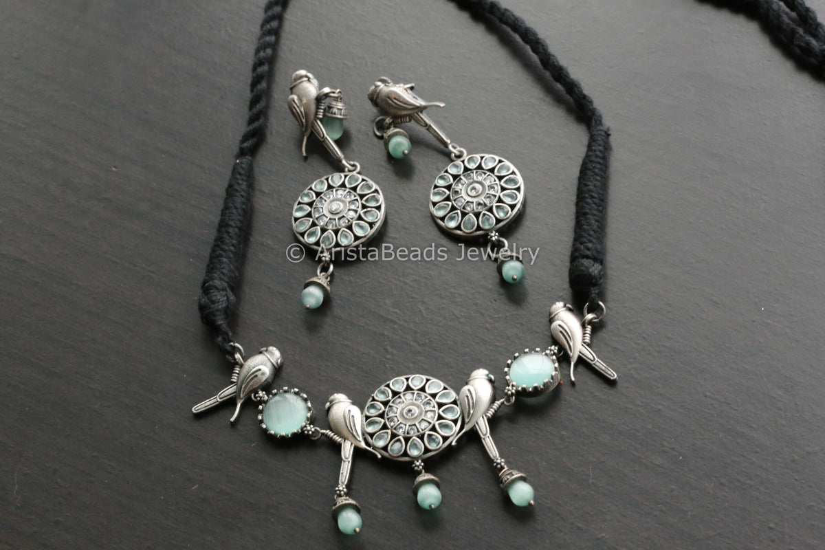 Oxidized Mint Parrot Necklace Set