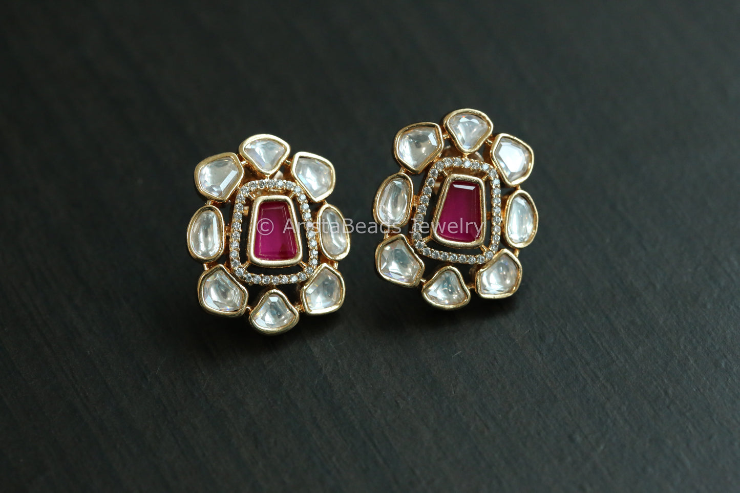 Premium Micro CZ & Polki  Studs - Ruby