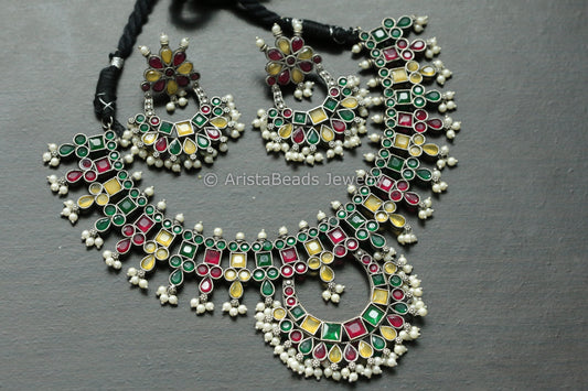 Yellow Green Red Oxidized Chandbaali Necklace Set